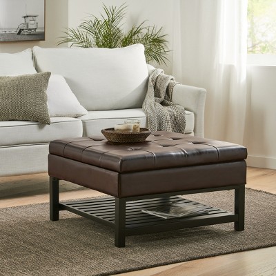 FURNIinspire Ottomans And Benches Square Storage Ottoman with Bottom Rack Polyester Large Ottoman for Living Room, Brown, 31"*31"*17.75"