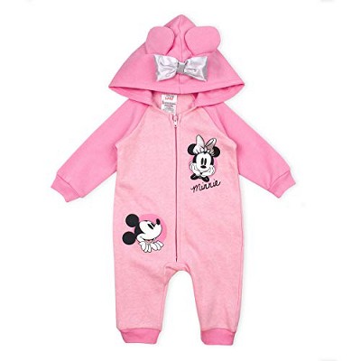 Image of Disney Girl's Minnie & Mickey Mouse Hooded Coverall Baby Jumpsuit with 3D Bow and Ears - Pink, 3-6 Months