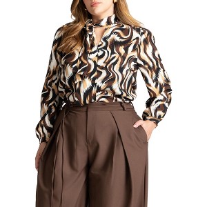 ELOQUII Women's Plus Size Printed Tie Neck Blouse - 1 of 4
