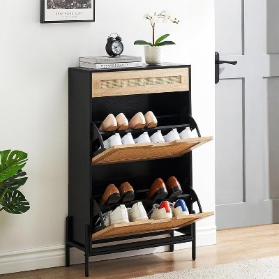 Whizmax Natural Rattan 2 Flip Door with 1 Drawer Shoe Cabinet Organizer Freestanding, Shoe Rack Storage Cabinet for Slippers, Sneakers, Heels, Boots