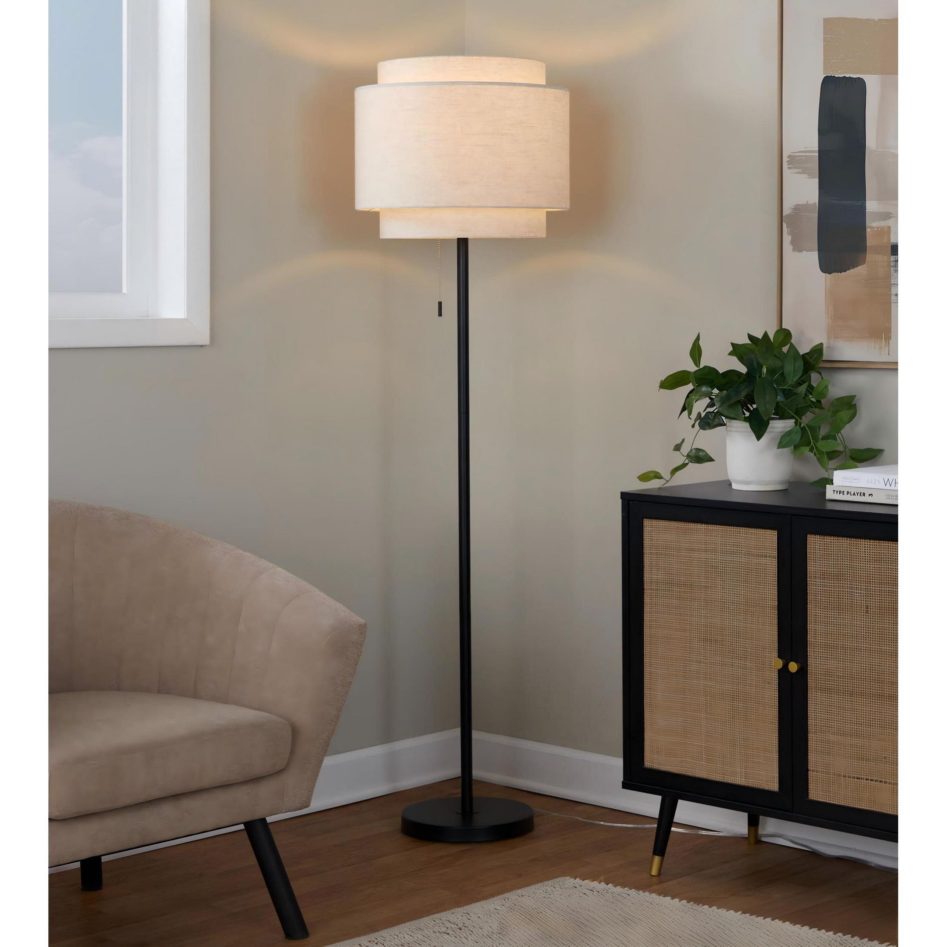 64 inch Modern Floor Lamp with Black Metal Frame and Beige Linen Tiered Shade for Living Room