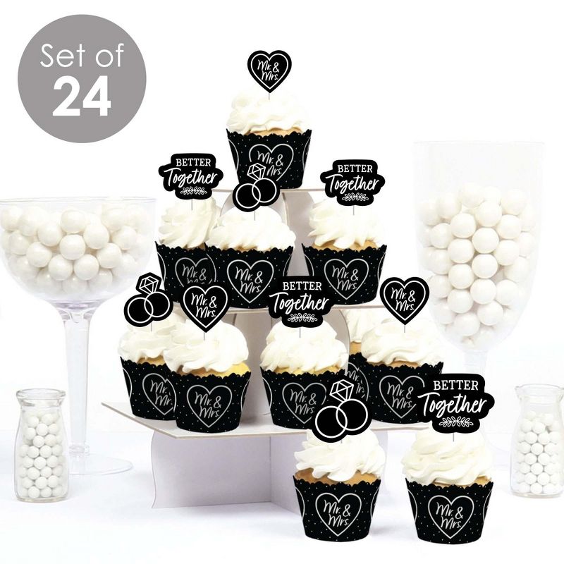 Big Dot of Happiness Mr. and Mrs. - Cupcake Decoration - Black and White Wedding or Bridal Shower Cupcake Wrappers and Treat Picks Kit - Set of 24, 2 of 8