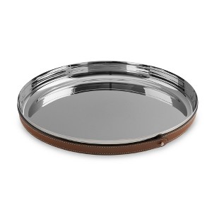 Nambe Tahoe Stainless Steel Bar Tray with Removable Brown Leather Accent – 13.25” Round Serving Tray for Drinks, Cocktails & Snacks, Modern Barware - 1 of 4