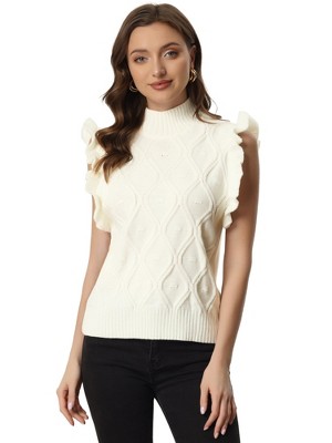 Allegra K Women's Ruffled Sleeve Mock Neck Casual Cable Knit Pullover Sweater Vest