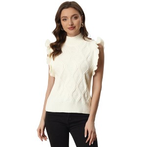 Allegra K Women's Ruffled Sleeve Mock Neck Casual Cable Knit Pullover Sweater Vest - 1 of 4