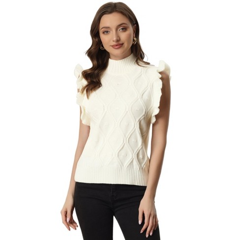 Allegra K Women's Ruffled Sleeve Mock Neck Casual Cable Knit Pullover  Sweater Vest White M