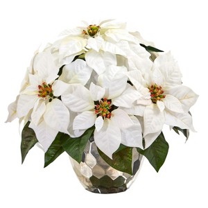Nearly Natural 14-in Poinsettia Artificial Arrangement in Designer Silver Bowl - 1 of 2