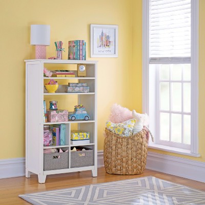 Creamy White Kids' Tall Bookcase with Fabric Bins