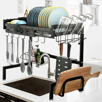 Adjustable Black Metal Over Sink Dish Drying Rack with Utensil Cup