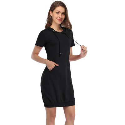 Women's Hooded Sweatshirt Dress Short Sleeve Ribbed Pullover Front Pocket Casual Mini Dress