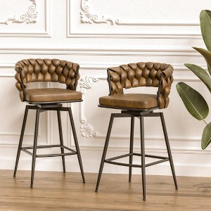 Leather Woven Bar Stool Set of 2, Legs Barstools, No Adjustable Kitchen Island Chairs, 360° Upholstered Counter Stool, Arm Chairs - 1 of 4