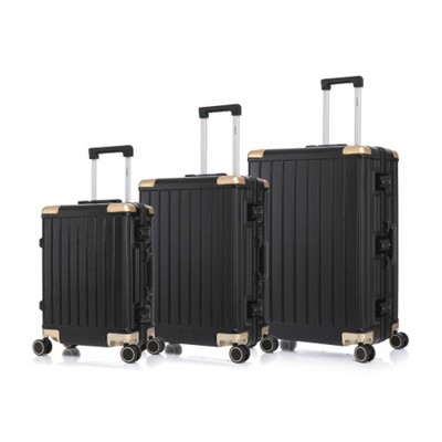 BEAFUP 3-Piece PC+Aluminum Frame Luggage Set with Password Lock - 20", 24", 28" Stylish Suitcases for Travel, Black