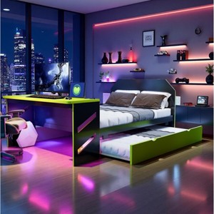 Polibi Full Daybed with Pull-Out Twin Trundle, Built-In Desk & USB Charging - 1 of 4