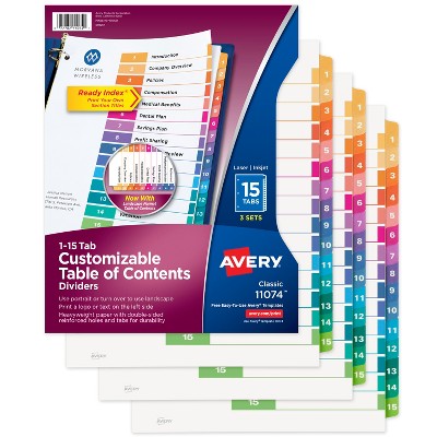 Avery Dividers for 3 Ring Binders, 15 Tabs per Set, Customizable Table of Contents, Multicolor Tabs (3 Sets of 11074)
