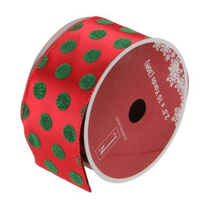 Northlight Shimmering Red and Green Polka Dot Christmas Wired Craft Ribbon 2.5" x 10 Yards, 1 of 4