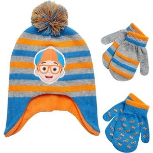 Blippi Toddler Boys' Winter Hat Set: 3 Piece Fleece Lined Ear Flap Beanie and 2 Pairs of Mittens - 1 of 4