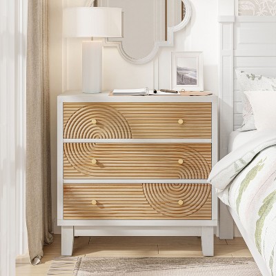 JIONJOY Rustic White Wood 3-Drawer Dresser - Handcrafted Ring Design Nightstand for Bedroom & Entryway