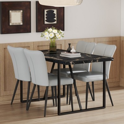 5-Piece Dining Set with Marble Pattern Table and 4 PU Armless Chairs