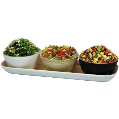 Basicwise White Bamboo Tray with Three Tricolor Bowls, in Natural, Black, and White