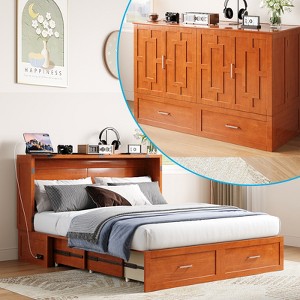 Murphy Bed Cabinet with Foldable Mattress, Queen Murphy Bed with Charging Station, Drawers - 1 of 4