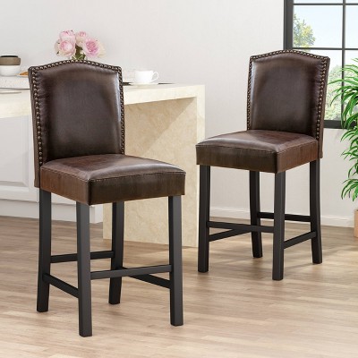 Set of 2 Logan Bonded Leather Backed Counter Height Barstools Brown - Christopher Knight Home: Upholstered, Wood Legs