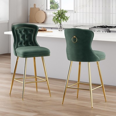 PDTEND Velvet Upholstery Bar Stools Set of 2 with Metal Legs, Button Tufted, Nailheads Trim