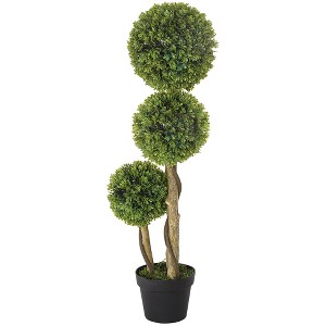 Aghana Digitals 35.5" Light Green Artificial Three-Ball Boxwood Topiary Tree - Pre-Potted Fake - 1 of 4