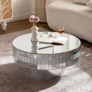 Modern Round Coffee Table with Glass Top and Mirrored Finish, Luxury Center Table for Living Room or Apartment – The Pop Home - 1 of 4