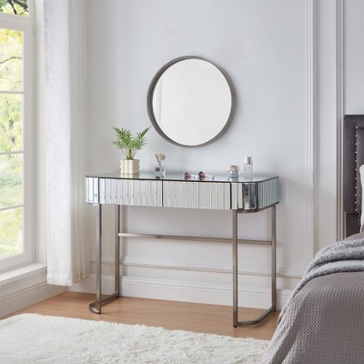 TIRAMISUBEST Mirrored Makeup Vanity Table with Stainless Steel Base, Mirrored Console Dressing Table with 2 Drawers,Versatile Desk for Bedroom