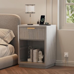 Fluted Farmhouse Night Stand, Fluted Nightstand with Charging Station, Fluted Nightstand with Drawer, Modern Mid Century Bedside Table w/Metal Handle - 1 of 4