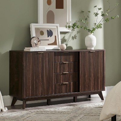 SinCiDo 60" Modern Fluted Dresser w/Sliding Doors & 4 Drawers, Faux Marble Top, Curved Profile Design for Bedroom, Living Room