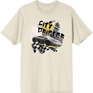 City Drifter Race Car With Flag And Clock Tower Adult Crew Neck Short Sleeve Tee - 1 of 2