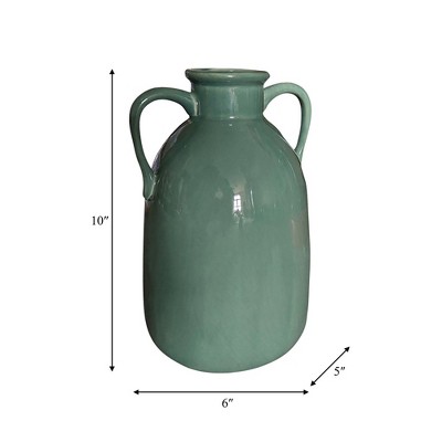 Dark Sage Ceramic Vase with Dual Handles, 10"