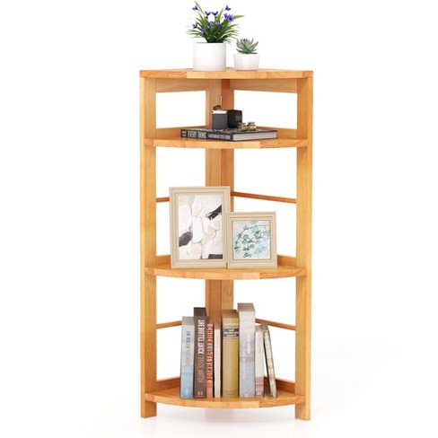 Tangkula 4-Tier Corner Shelf w/ Rubber Wood Frame Anti-Toppling Kit Home Office Natural - image 1 of 4