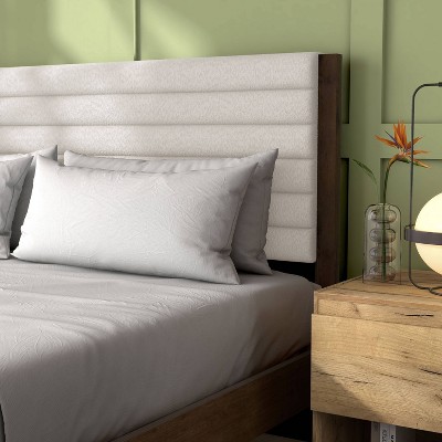 Adin Queen Dark Walnut Wood Frame Bed with White Boucle Upholstered Headboard