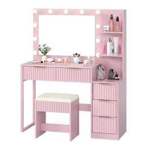 ChicFurnit Vanity Tables Makeup Vanity Desk Vanity Table Set Dressing Table with Square Mirror for Bedroom, Pink, 42.98"*15.6"*52.77" - 1 of 4