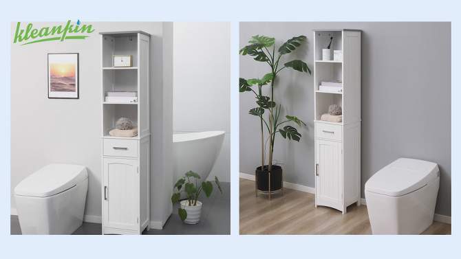 kleankin Tall Bathroom Storage Cabinet with 3 Tier Shelf, Cupboard, Drawer, Door, Freestanding Linen Tower, Slim Side Organizer, White, 2 of 8, play video