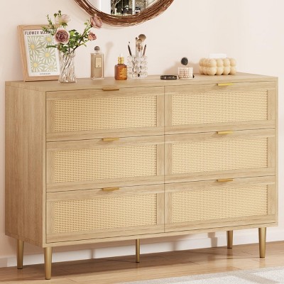 Rattan 5/6 Drawer Dresser,Modern Chest of Drawers with Gold Legs and Gold Handles,Wide Double Dresser with Large Tabletop and Anti-tipping Design