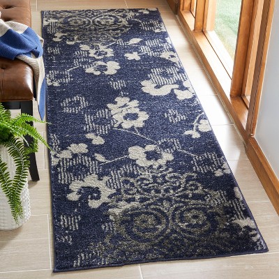 Chic Navy and Silver Synthetic 2'6" x 12' Floral Runner Rug