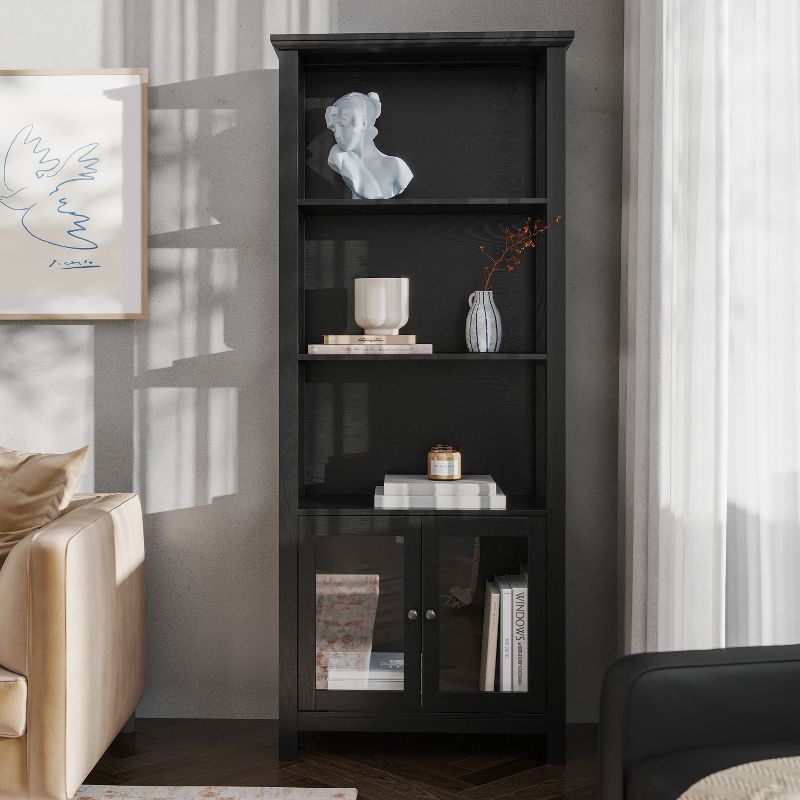 Emma and Oliver Modern Farmhouse Wooden Bookcase and Storage Cabinet with Tempered Glass Doors and 3 Upper Shelves, 4 of 12