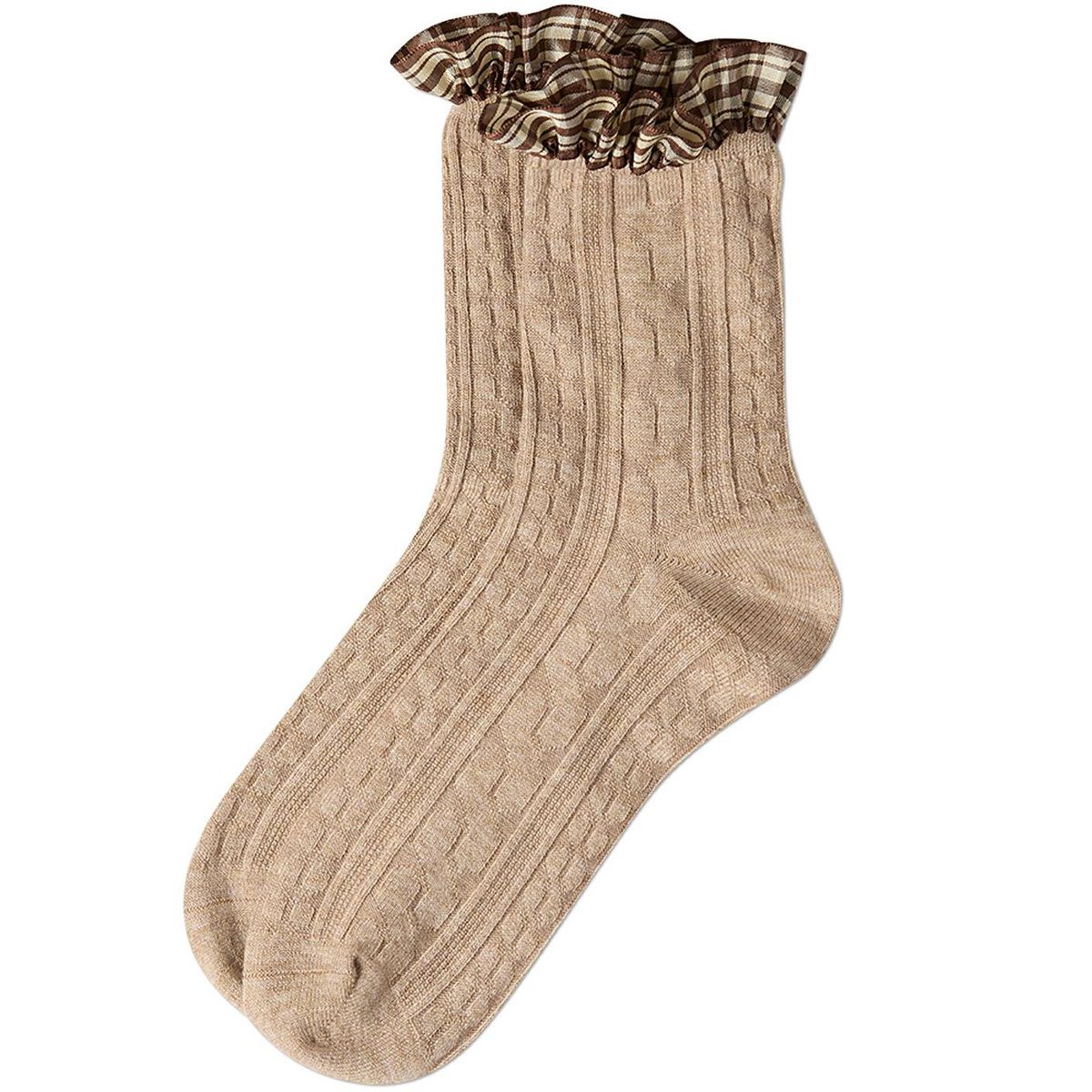 Memoi Women's Wool Blend Plaid Ruffle-Cuff Chain Stitch Crew Sock - thumbnail 8
