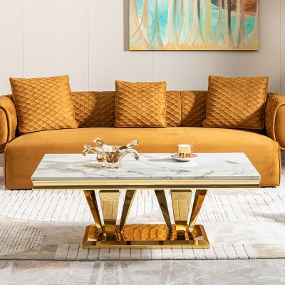 1 PC Modern Metal Coffee Table,Coffee Table With MDF Marble Tabletop And Stainless Steel Base,Living Room Rectangular End Table-Coolbibila