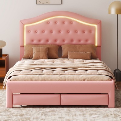 NicBex Upholstered Bed Frame with Smart LED and Drawers,PU Low Profile Platform Bed Frame with Tufted Headboard,No Box Spring Needed,Pink/White