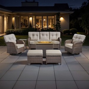 Belord Outdoor Wicker Patio Furniture Set with 41" Propane Fire Pit Table, Swivel Patio Chairs Set with Sofa Couch, Fire Pit Table and Ottoman - 1 of 4