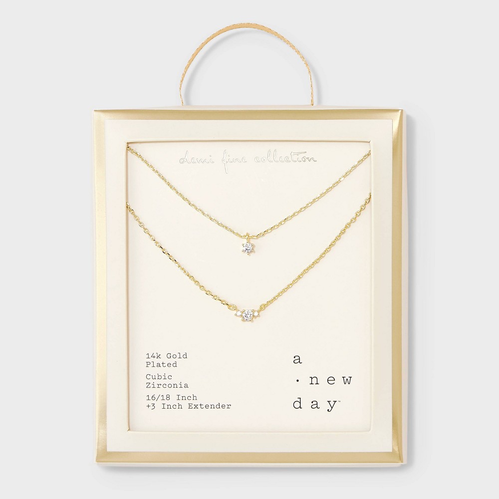Photos - Pendant / Choker Necklace 14k Gold Plated Triple Cubic Zirconia Layered Necklace - A New Day™ Gold: Lobster Claw Clasp, 16" Length
