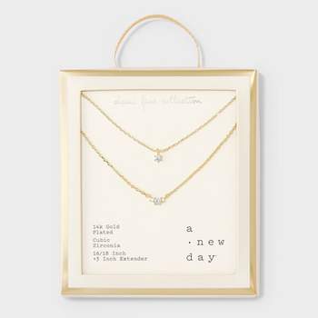 14k Gold Plated Triple Cubic Zirconia Layered Necklace - A New Day™ Gold