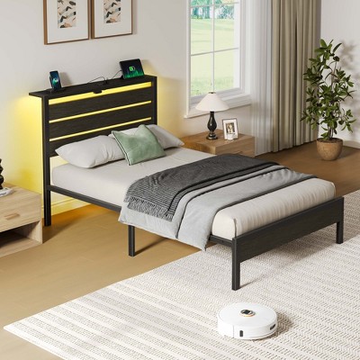 Greenstell Bed Frame with Headboard, Metal Platform Bed Frame with LED Lights & Charging Station