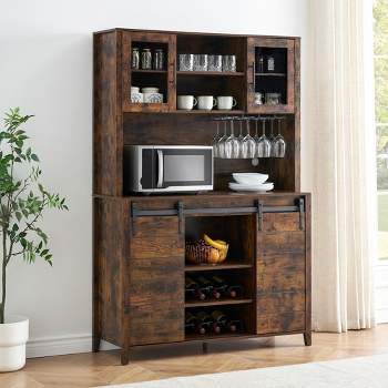 Whizmax Farmhouse Coffee Bar Cabinet with Sliding Barn Doors,Wine Cabinet with Wine&Glasses Rack,Tall Sideboard Buffet Cabinet for Kitchen,Dining Room