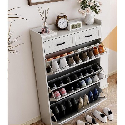 Shoe Storage Cabinet with 2 Flip Drawers and 2 Drawers, Freestanding Narrow Entryway Slim Hidden Shoe Rack Organizer Cabinet, White