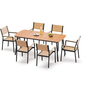 Crestlive Products 7pc Outdoor Dining set for 6 People Patio Rectangle Table Aluminum Frame with Wood-Like Tabletop and Umbrella Hole - 1 of 4